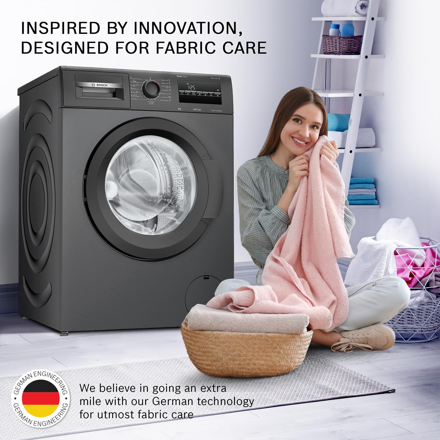 Bosch 8 kg 5 Star Fully-Automatic Front Loading Washing Machine (WAJ2826CIN, Black Grey, AI active water plus, In-Built Heater)
