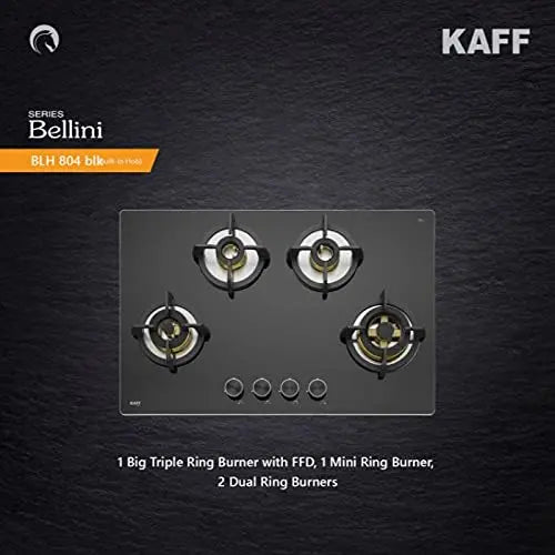 Kaff Built in Hob BLH 804 Auto Electric Ignition - 4 Full Brass High Efficiency Burners, Big Triple Ring Burner, Mini Ring Burner, 2 Dual Ring Burner Black
