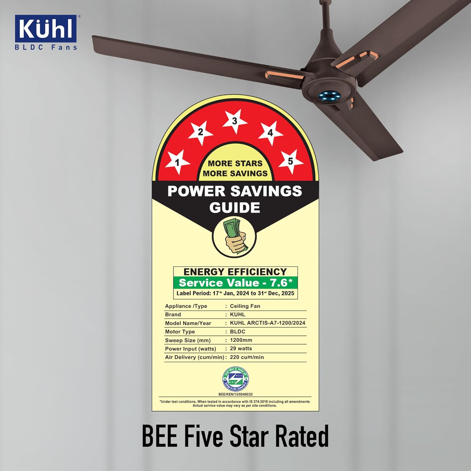 KUHL Arctis A7 1200mm BLDC Ceiling Fan with Remote | BEE 5 Star & ISI Marked | 65% Power Savings | High Air Delivery & LED Indicators