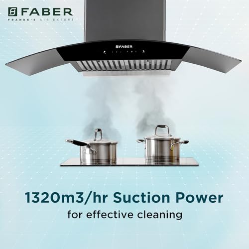 Faber 90 cm 1320 m³/hr Curved Glass Kitchen Chimney | 3 Layer Baffle Filter | Gravity Suction| Touch&Gesture Control | Oil Collector | 12 years warranty on Motor| Hood Feel Pro TC SC BF BK 90