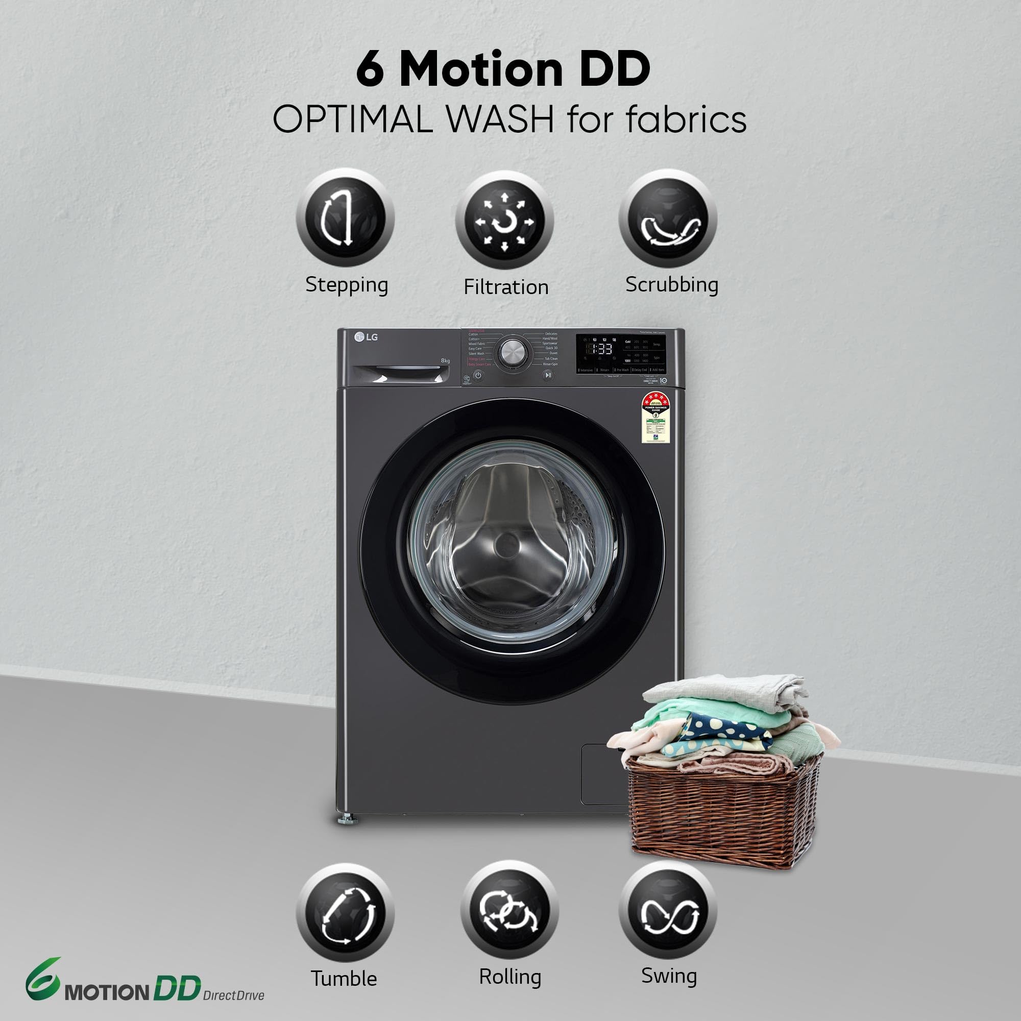 LG 8 Kg, 5 Star, AI Direct Drive Technology, Steam & 6 Motion DD Fully-Automatic Front Load Washing Machine (FHP1208Z3M, Intelligent & Convenient Fabric Care, Allergy Care, Middle Black)