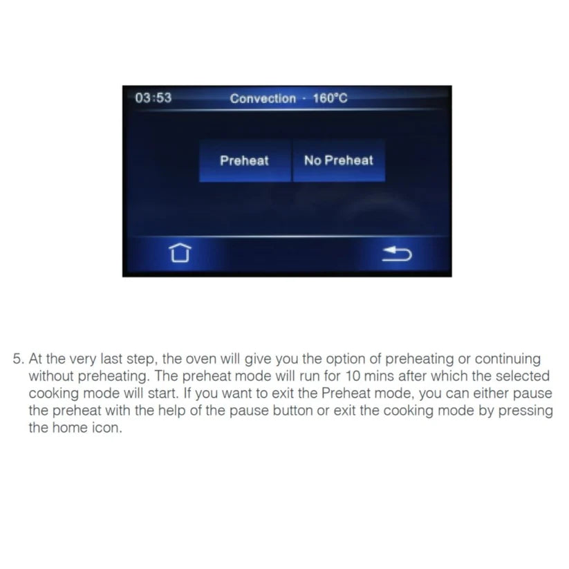 Hafele Iris oven display showing Convection 160°C with preheat and no preheat options