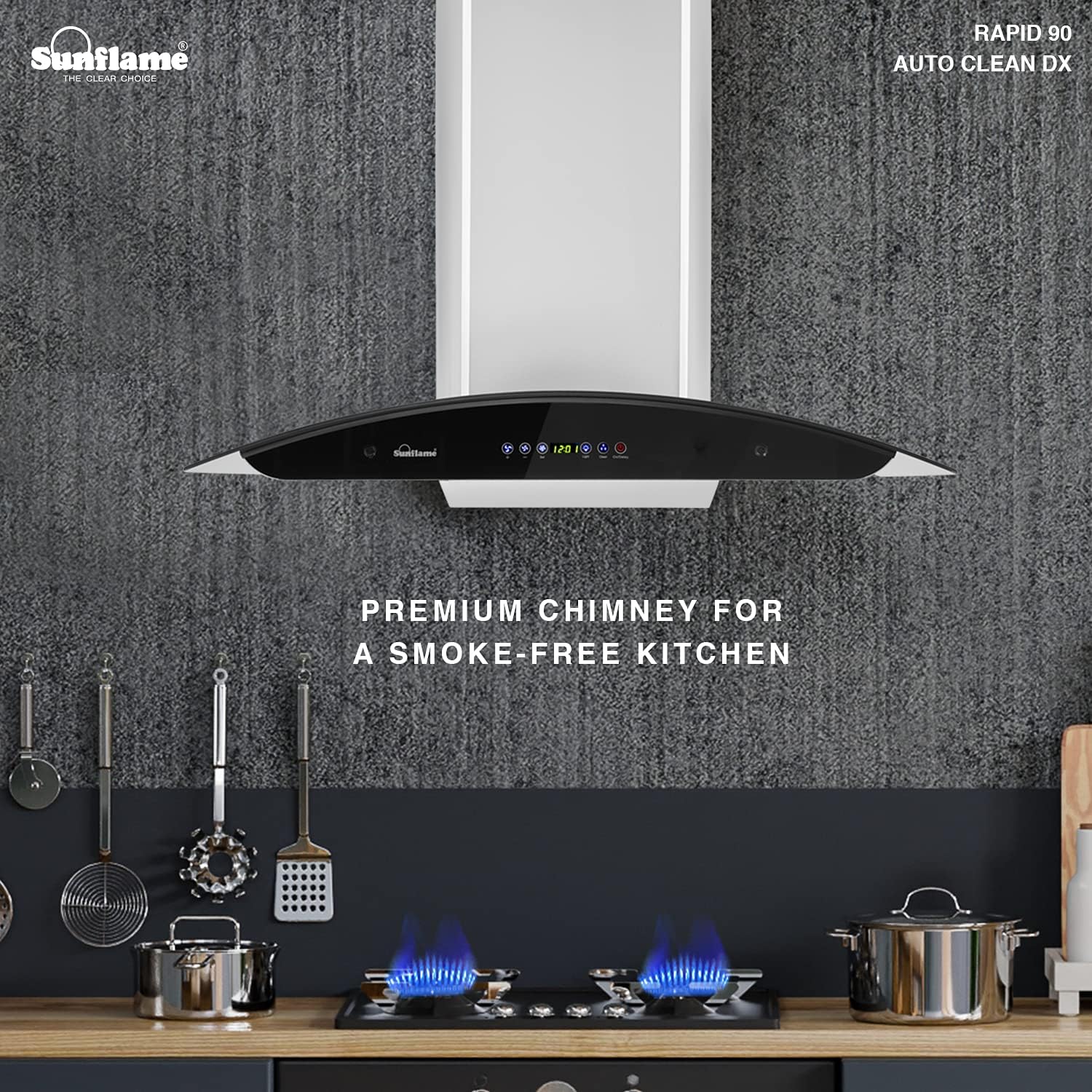 SUNFLAME 90cm 1100 m3/hr Auto Clean Chimney (CH Rapid 90 DX, 2 Baffle, Touch Control, Steel/Grey)
