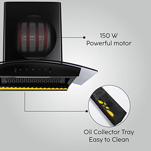 Glen Auto Clean Curved Glass Filter less Kitchen Chimney, with Motion Sensor 60cm, 1200 m3/h, Black, 1 Year on product and 5 Year on motor BY GLEN (6058 BL Auto Clean)