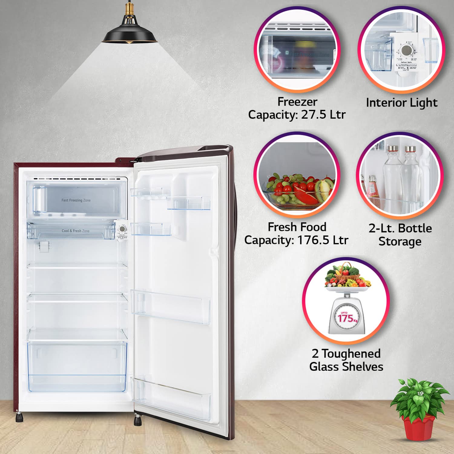LG 204 L 5 Star Inverter Direct-Cool Single Door Refrigerator (GL-B211HSEZ, Scarlet Euphoria, With Smart Connect & Fast Ice Making, 2022 Model)