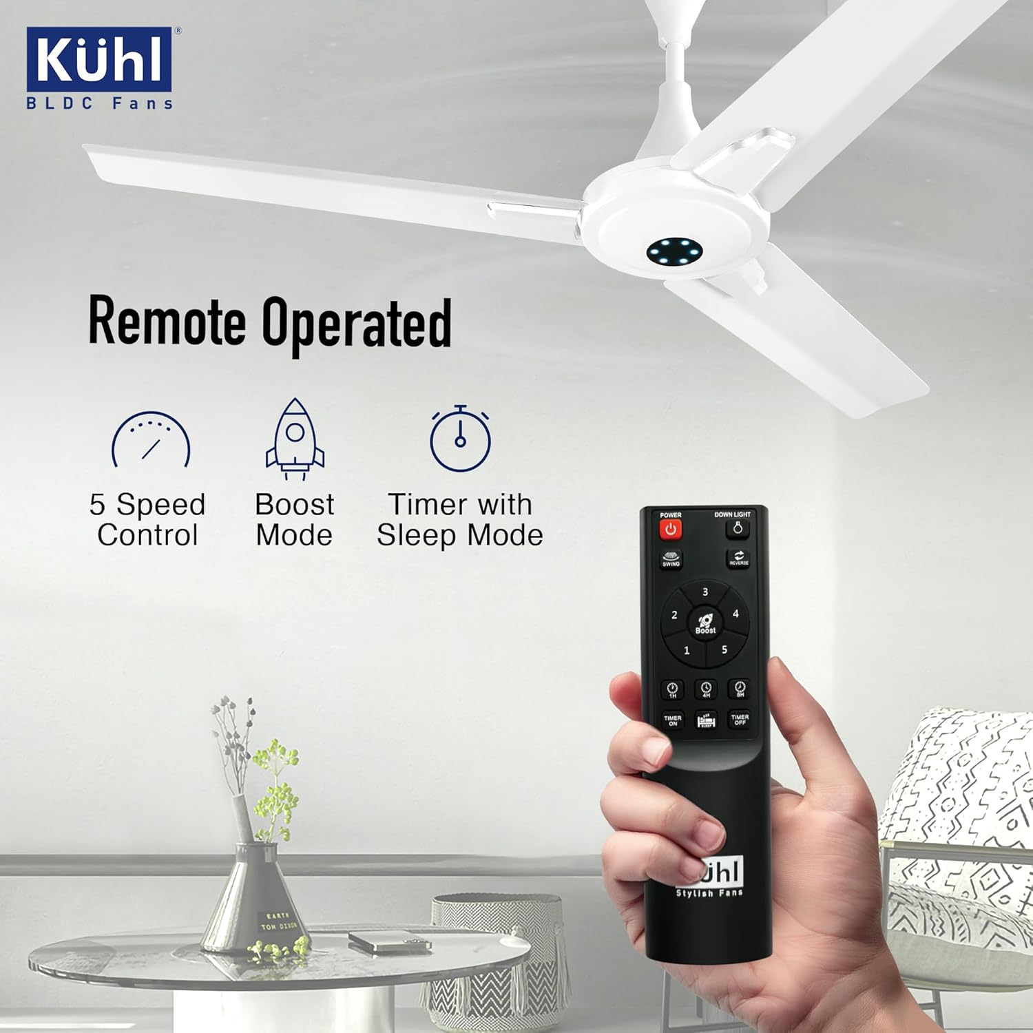 KUHL Prima A7 1200mm BLDC Ceiling Fan | Remote Control | 65% Power Savings | 29W | BEE 5 Star & ISI Certified