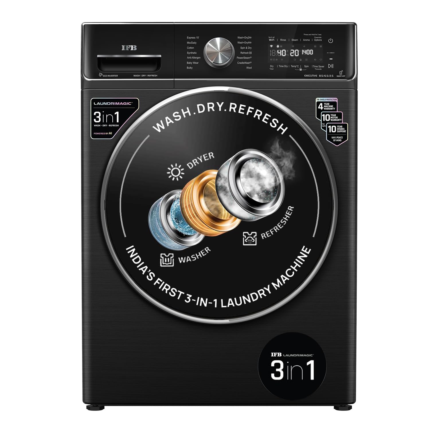 IFB Laundrimagic 3-in-1 8.5 Kg/6.5 Kg/2.5 Kg Inverter Washer Dryer Refresh (Executive ZXB, Black)