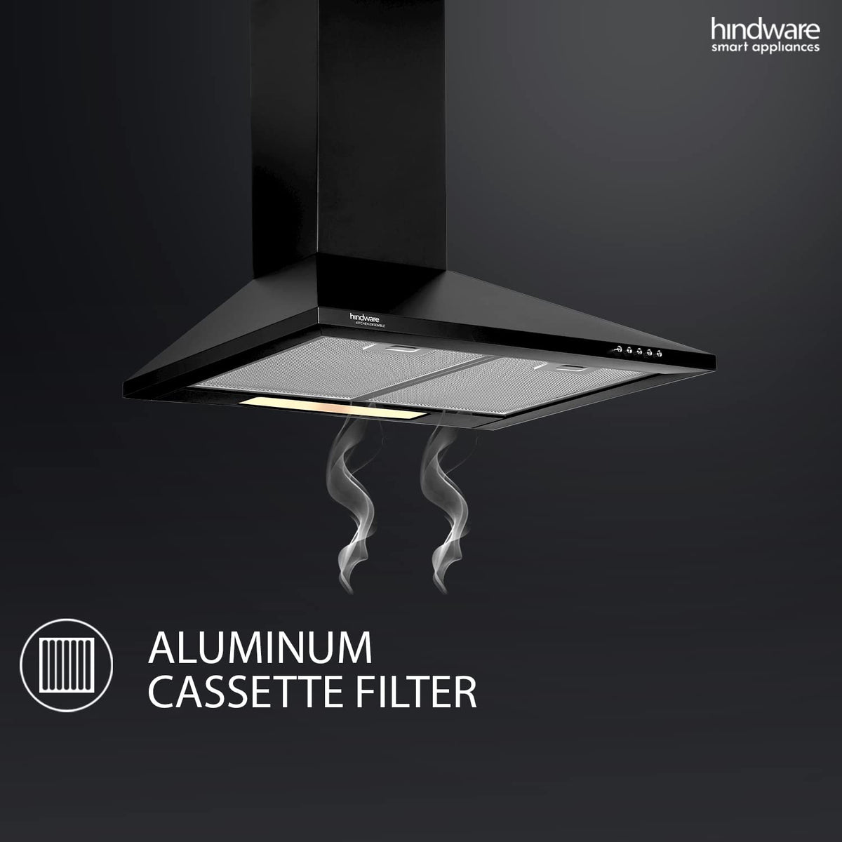 Hindware C100351 black chimney seen from below with aluminium cassette filter label and rising smoke graphic