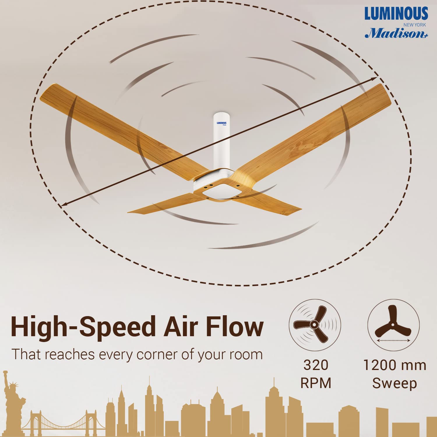 Luminous New York Madison Designer Ceiling Fan for Home and Office (Pine Wood, Brown, 1300mm)