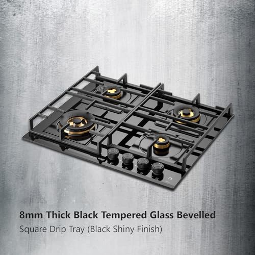 KAFF HBR 604 Built-in Hob/Hobtop 4 Burners, Auto Electric Ignition Glass Top, 60 CM, Powerful Brass Burners, 8 MM Thick Toughened Glass, Enamelled Matt Grills (Black)