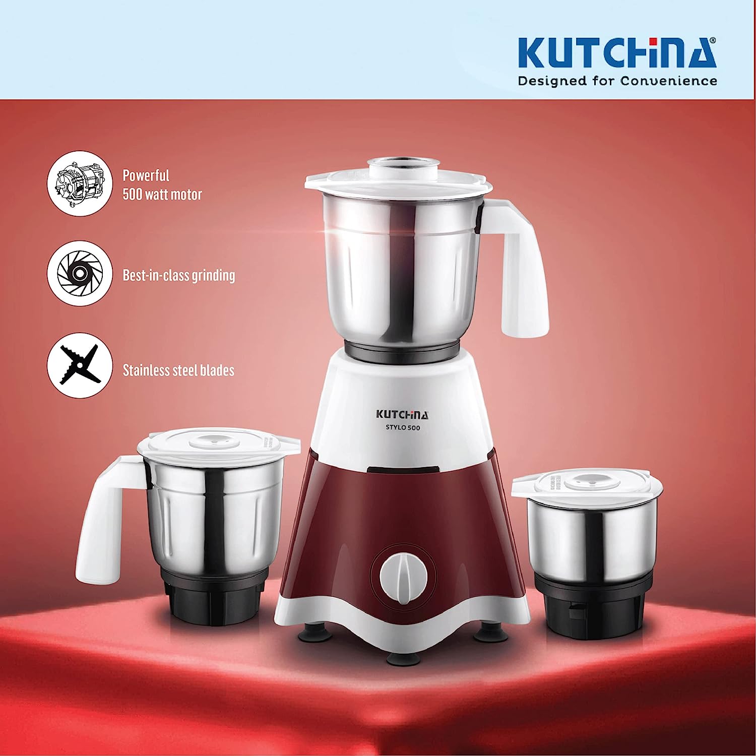 Kutchina Stylo Copper Winding Motor Mixer Grinder with 3 Jars Stainless Steel blades White & Maroon