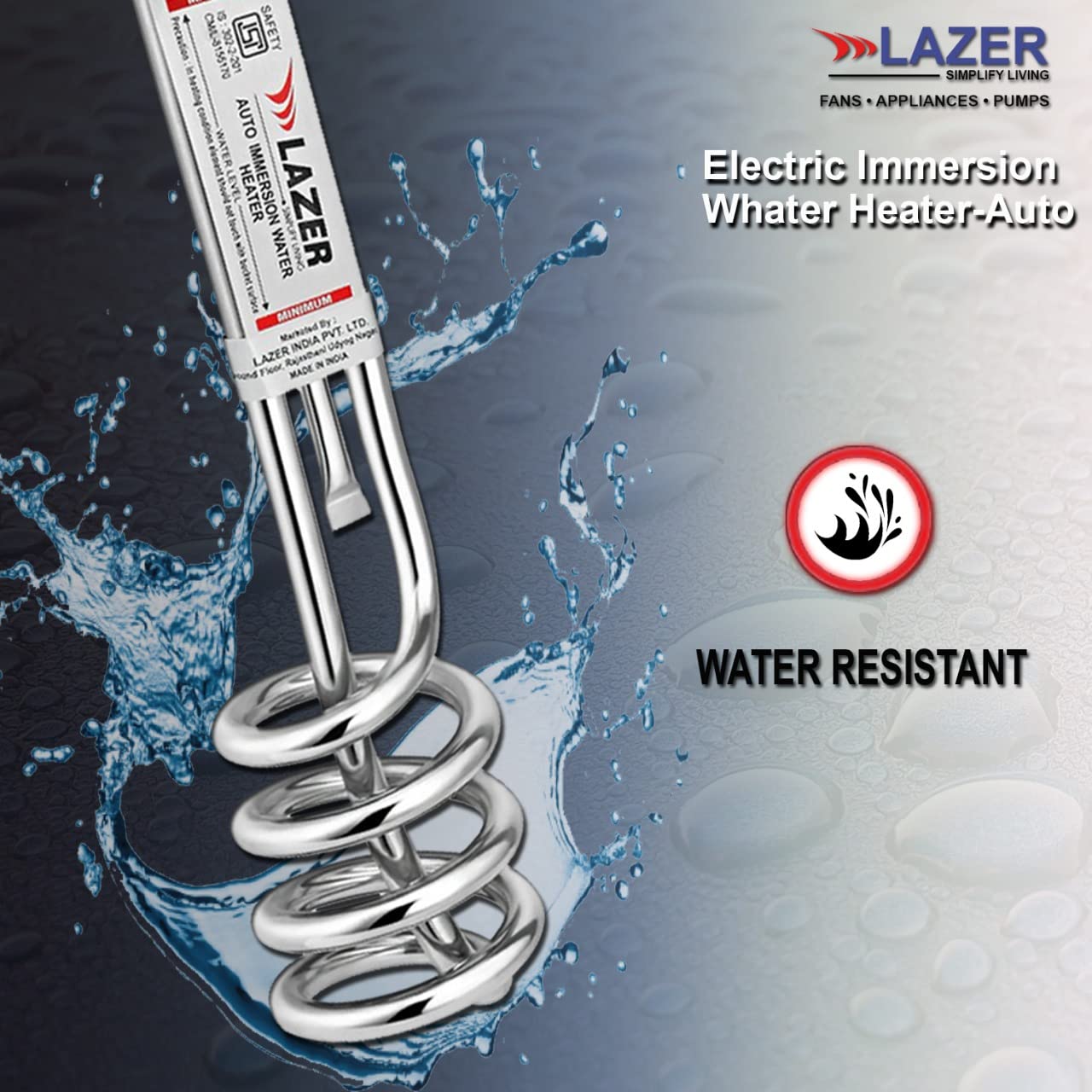 Lazer Aqua Therm 1000 Watt Copper Tube Auto Temperature Control Immersion Rod Water Heater ISI certified (Grey)