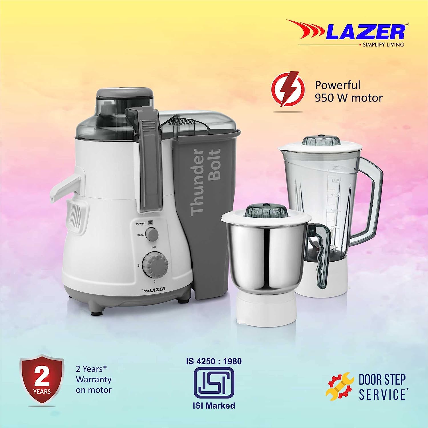 Lazer Thunder Bolt 2 jars 950W Juicer Mixer Grinder (Grey White)