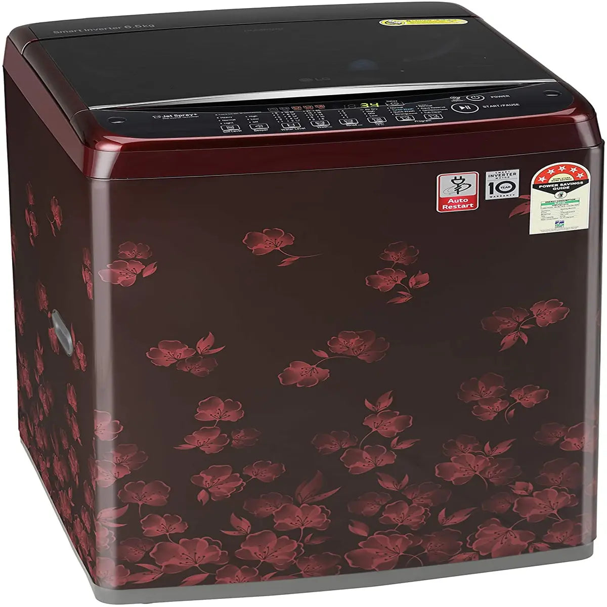 LG 6.5 Kg 5 Star Smart Inverter Fully-Automatic Top Loading Washing Machine (T65SJDR1Z, Red Floral Pattern, Punch+3)