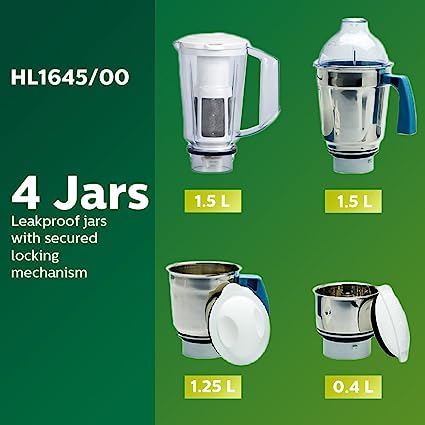Philips Hl1645 750-watt 3 Jar Super Silent Vertical Mixer Grinder and Blender Jar with Fruit Filter, Blue