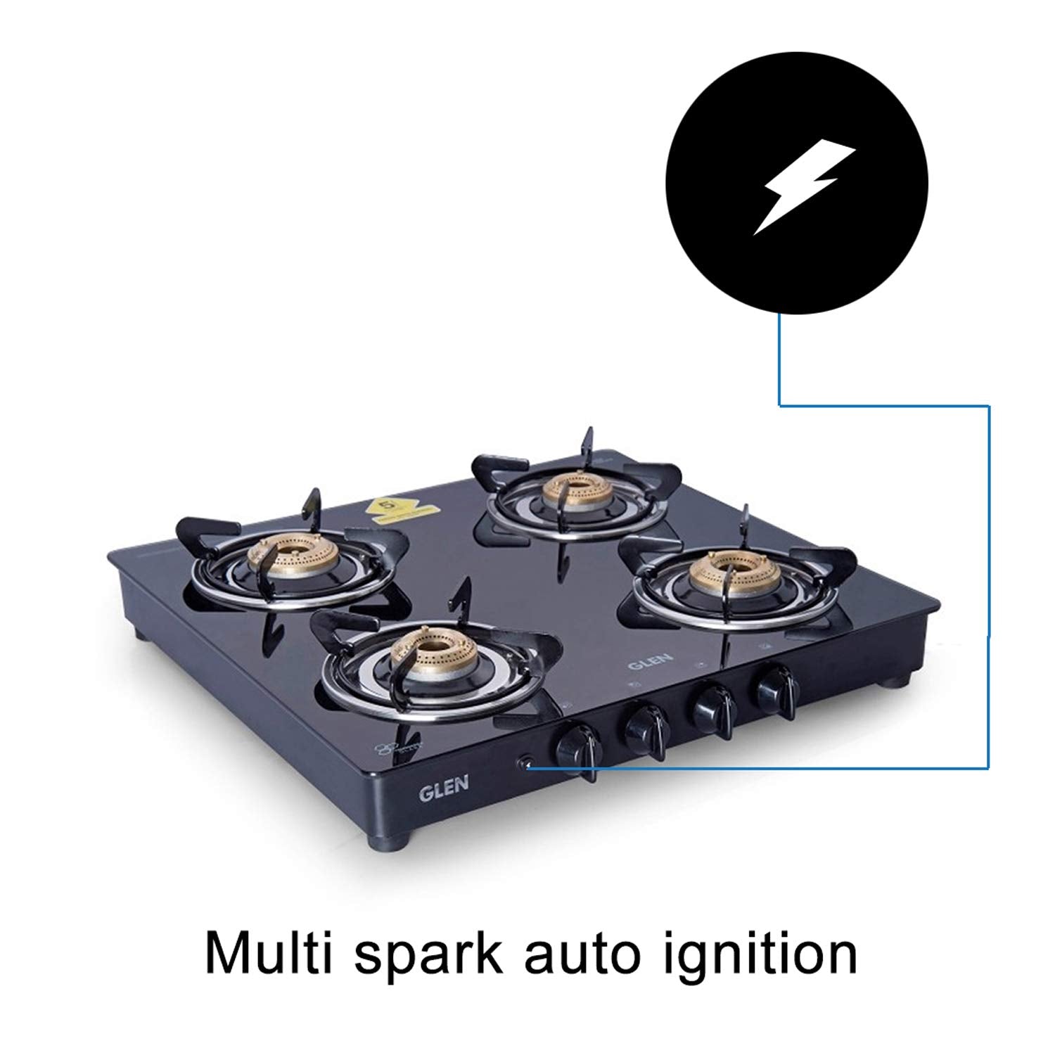 Glen 4 Burner LPG 6mm Thick Toughened Glass Top Gas Stove|Brass Burner|ISI Certified|Auto Ignition|Black|Drip Trays|Revolving Inlet Nozzle|2 Year Warranty On Product|CT4B55BLBBAI