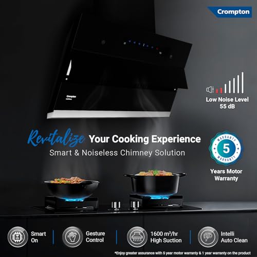 Crompton IntelliSense 90 cm Kitchen Chimney with 1626 m³/hr Suction, Smart On & Intelli Auto-Clean | Silent Kitchen Chimney With Filterless Technology (Inclined Design, Black)