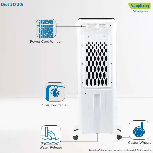 Symphony Diet 3D 30i Air Cooler with pop up touchscreen and 3 side honeycomb cooling pads With Remote