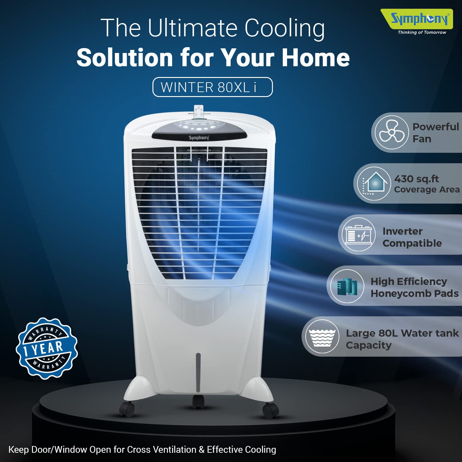 Symphony Winter 80XL i+ Desert Air Cooler Remote with Timer (80L, White)