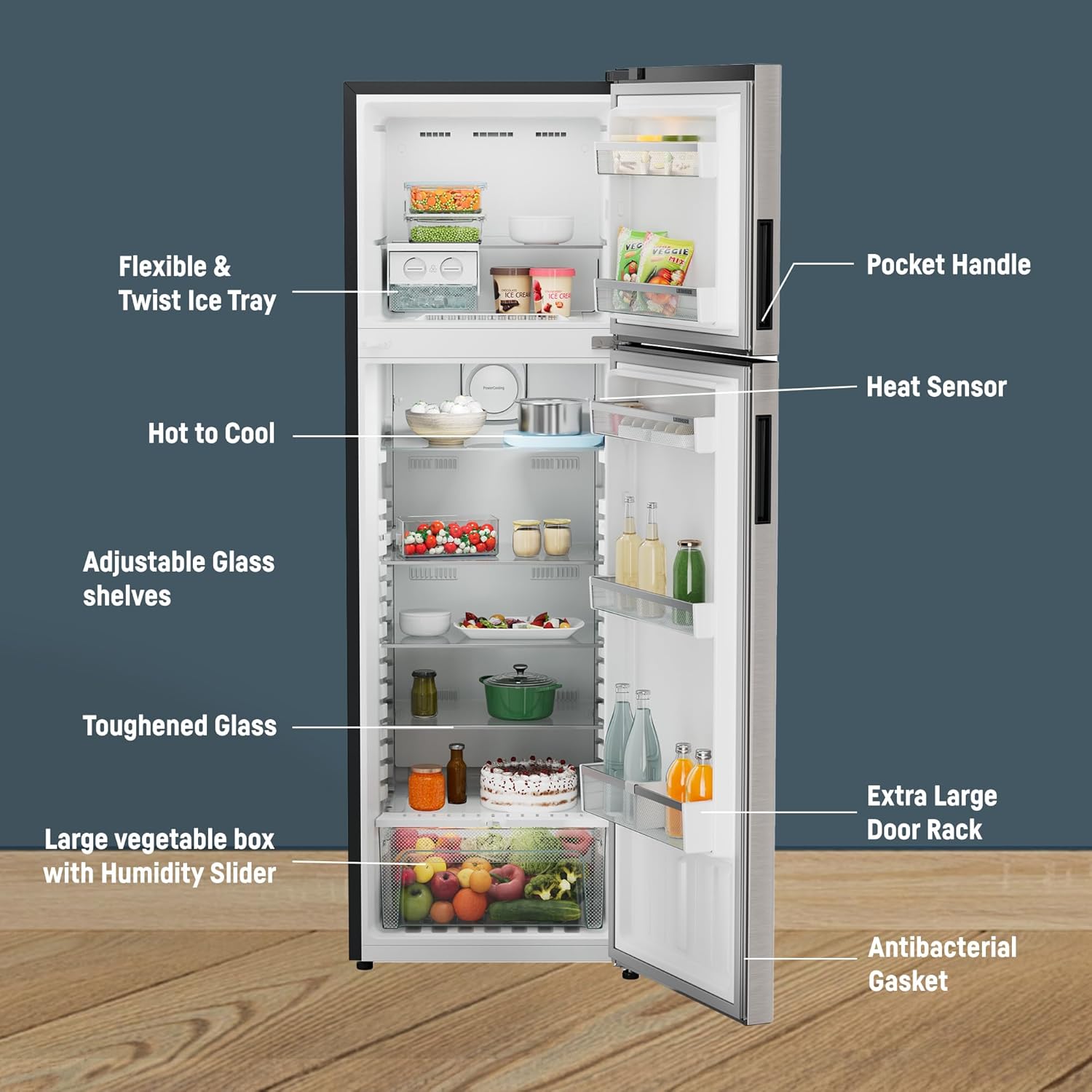 Liebherr 316L 2 Star Inverter, Hot to Cool, Frost Free Double Door Fridge, 20 Yr Warranty, 67L Freezer, Veg Organiser, Grey Steel