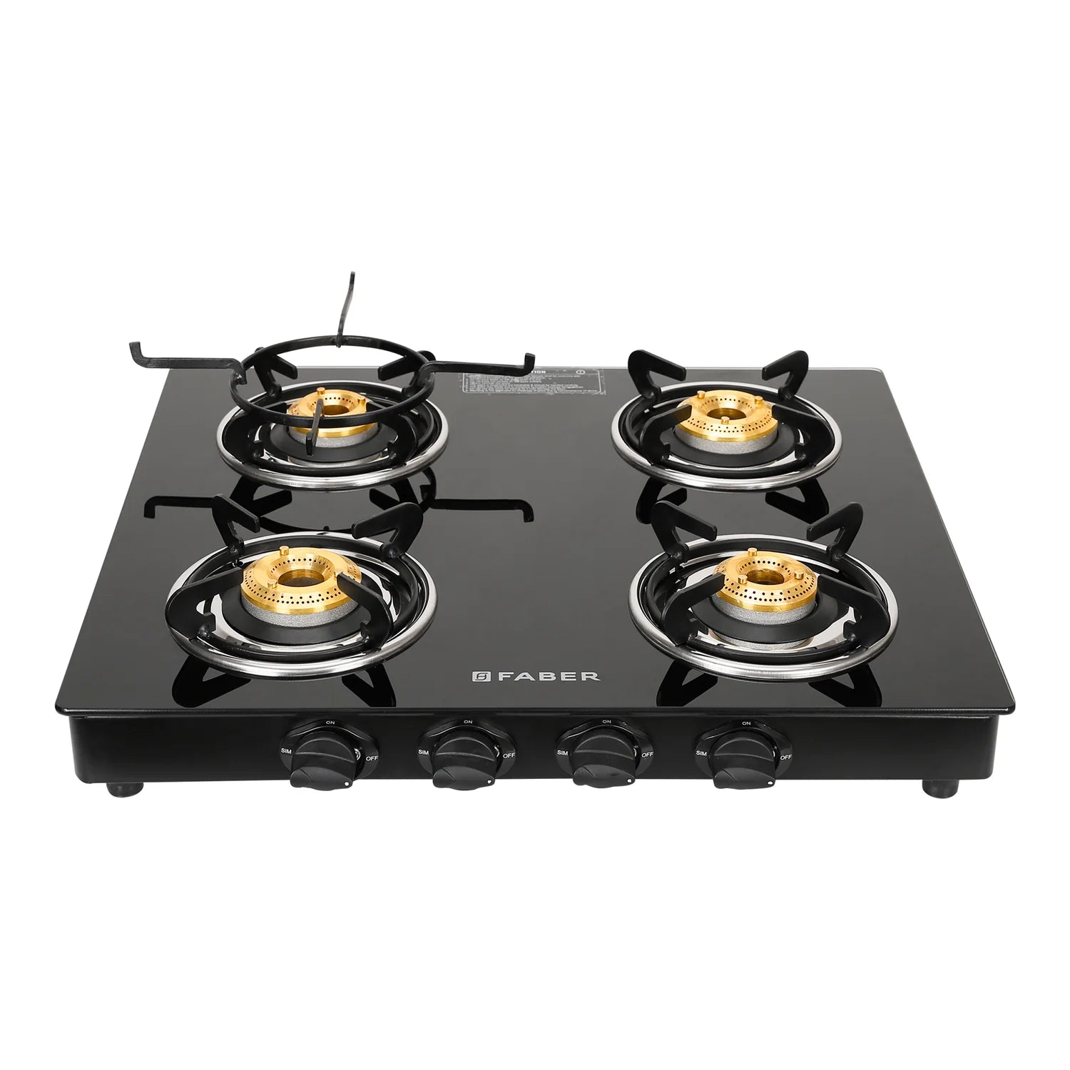 Faber Glass Top 4 Burner Gas Stove (Hob Cooktop Pearl 4BB BK) with Jumbo Burner, Diamond Coated Pan Support, Manual Ignition, Black