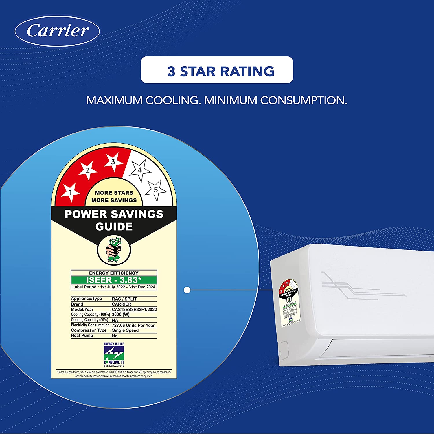 Carrier 1 Ton 3 Star Fixed Speed Split AC (Copper,Auto Cleanser, Economic Sleep Mode, High Density Filter for Dust Filtration, 2023 Model,ESTER Ex+ CAS12ES3R32F1,White)