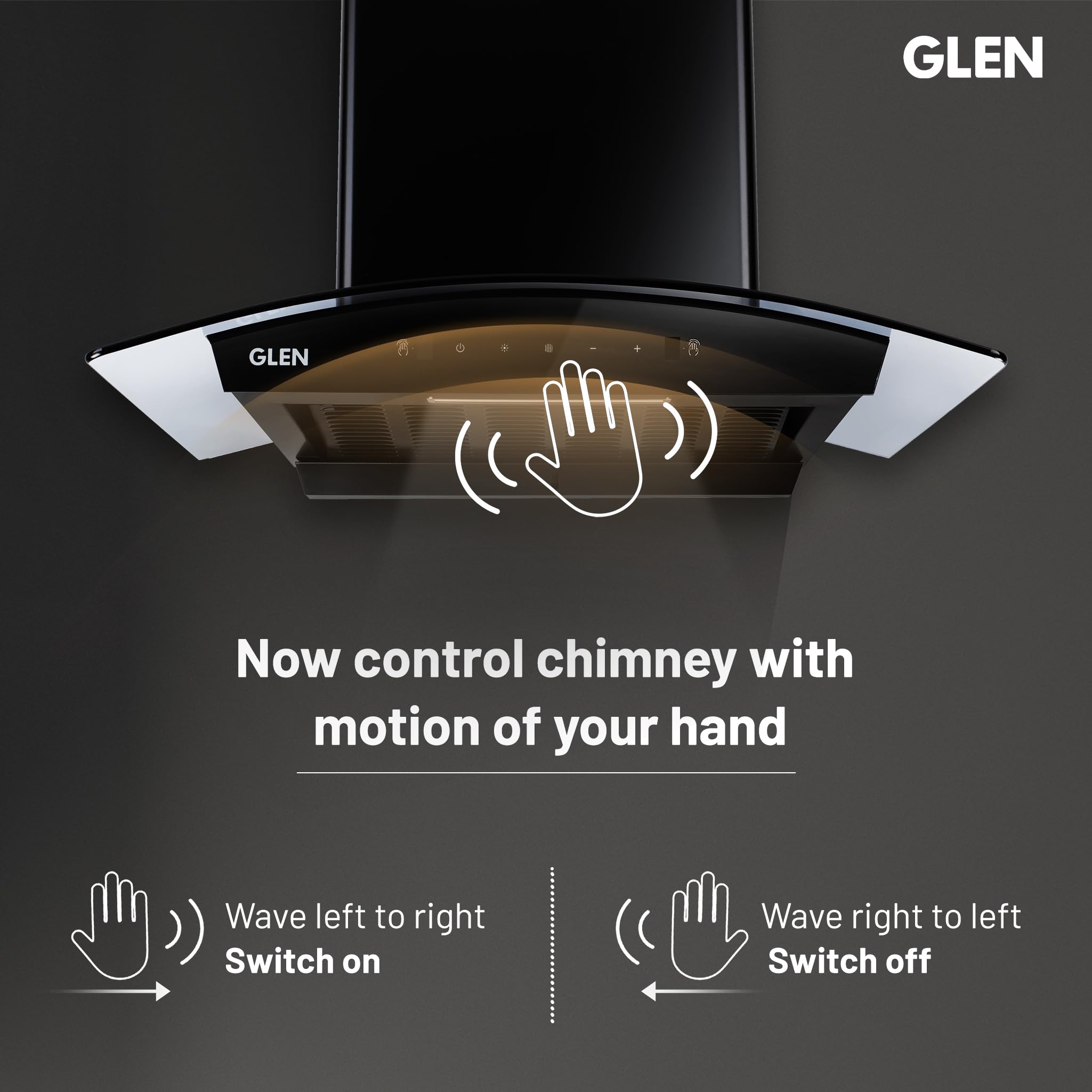GLEN 60 cm 1200m3/hr Auto-Clean Filterless Curved Glass Kitchen Chimney With Motion Sensor+Touch Controls (Senza Black)