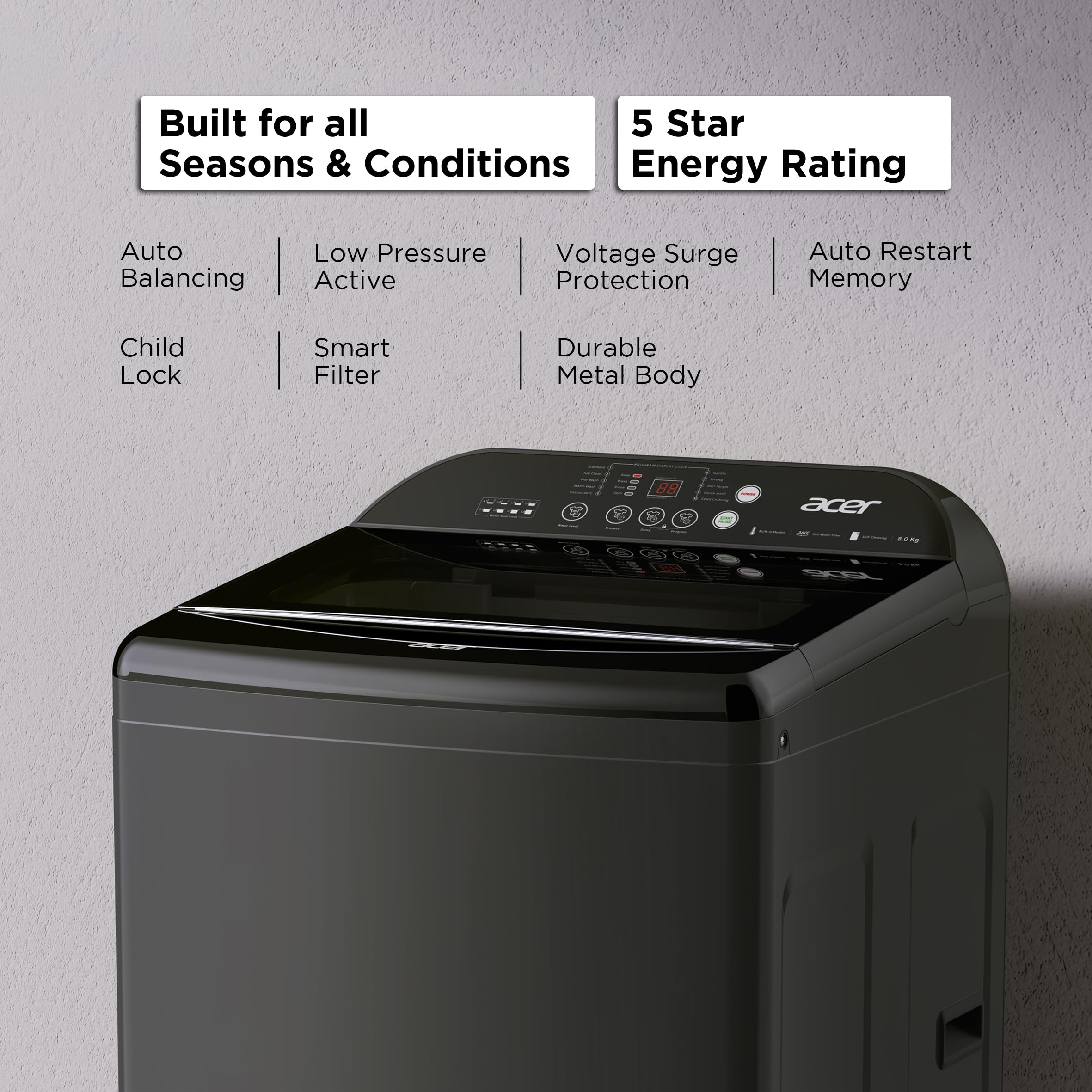 Acer 8.0 Kg Halo Wash Series Fully-Automatic Top Load Washing Machine (In-built Heater, AiSense, AutoBalance, HelixFlow Jet Tech, FrothPlus Tub Tech, AR80FATLP1GT, 2023 Model, Grey)