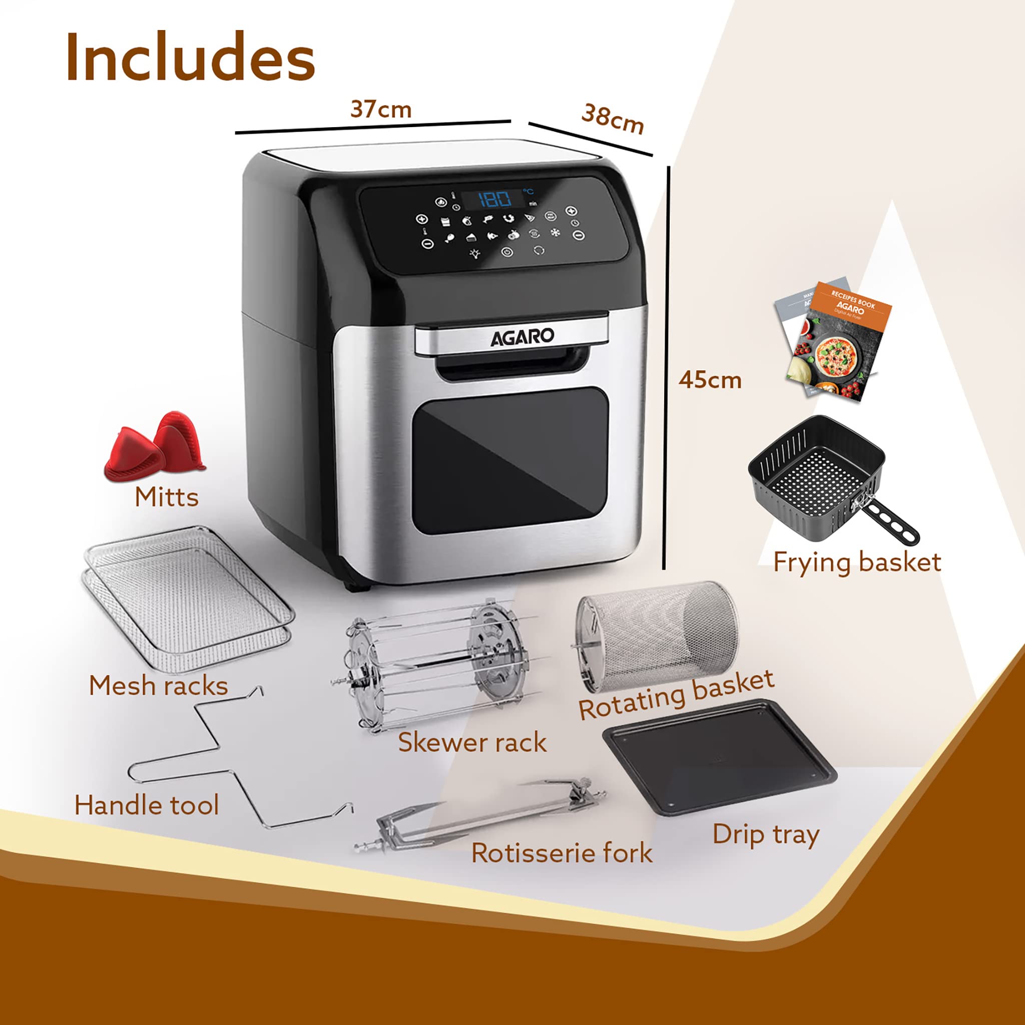 AGARO Regency Air Fryer For Home, 12L, Family Rotisserie Oven, 1800W, 9 Preset Menu, Electric Air Fryer Toaster Oven, Digital Display, Bake, Roast, Toast, Defrost, Silver.