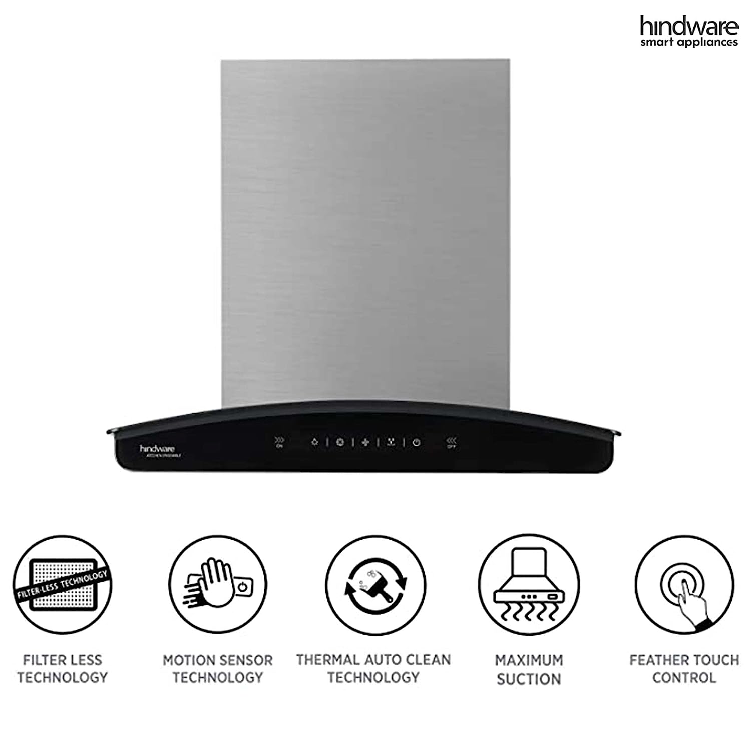 Hindware Nadia 60 cm 1200 m3/hr Filterless Auto-Clean Kitchen Chimney with MS and Touch Control (Inox, C100218)