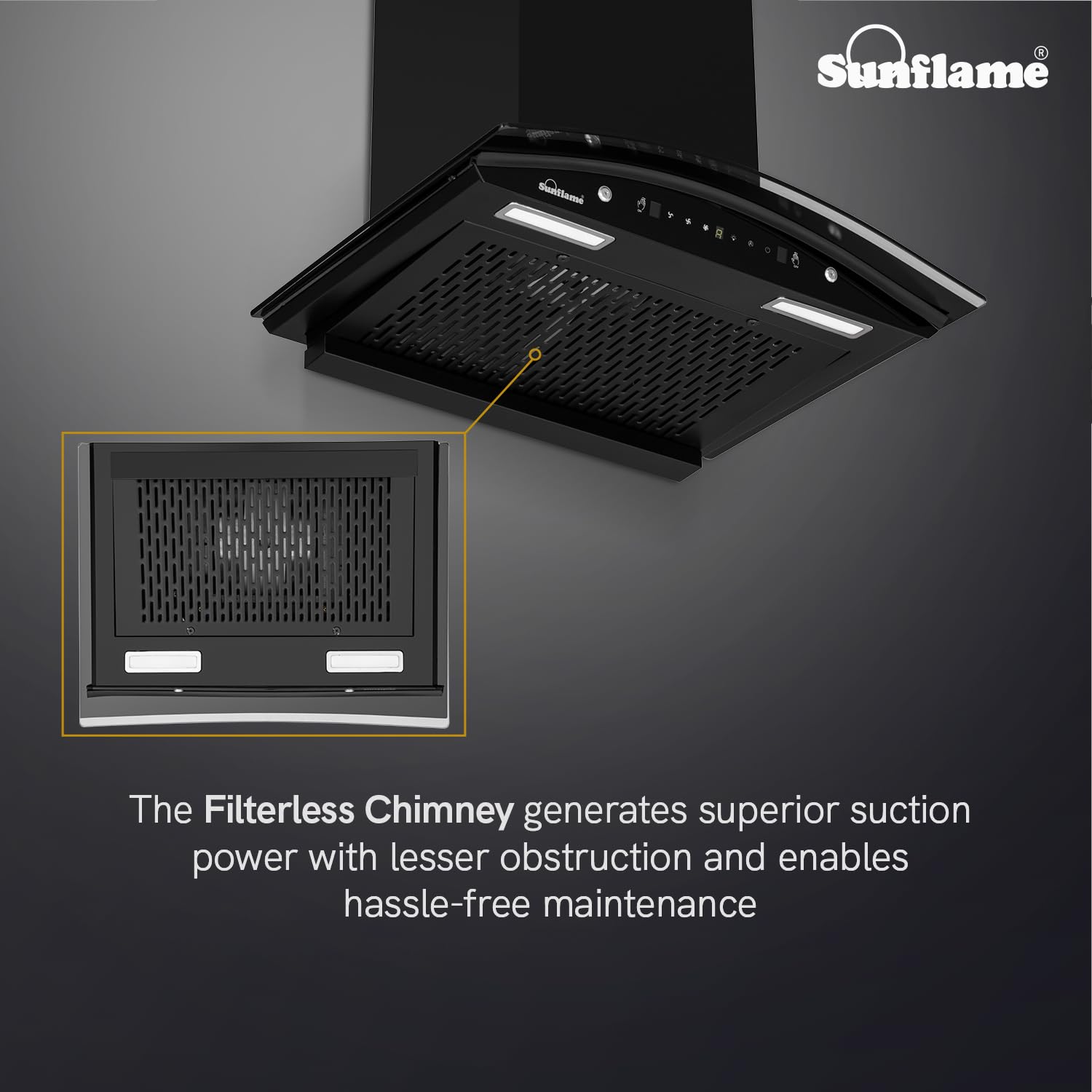 Sunflame Roma High Efficiency Filterless Chimney | 1200 m³/h Suction Capacity | 1-Year Product coverage and 5-Year Motor coverage | Heat Auto-Clean Technology | 60 cm