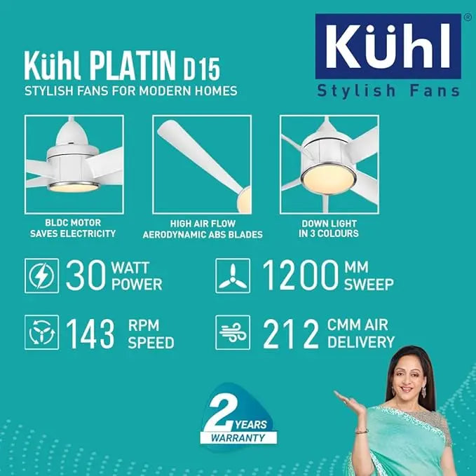 KUHL Platin D15 Stylish BLDC Fan | Low Power 30W | High Air Flow | 5 Aerodynamic ABS Blades Down Light | 1200 mm sweep | Operate on Remote-Mobile-Alexa | Reverse Mode |5 Star Rated|White