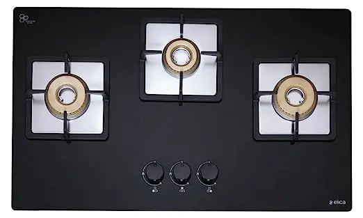 Elica Hob 3 Italian Burner Auto Ignition Glass Top - 2 Big Brass and 1 Medium Brass Lotus Burner Gas Stove (Flexi HCT 375 DX Lotus Brass)