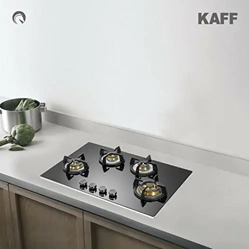 Kaff Built in Hob BLH 804 Auto Electric Ignition - 4 Full Brass High Efficiency Burners, Big Triple Ring Burner, Mini Ring Burner, 2 Dual Ring Burner Black