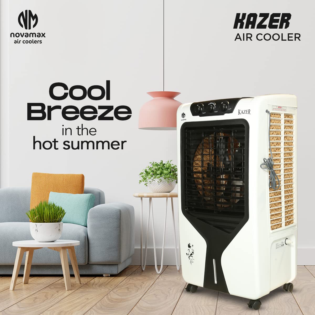 Novamax Kazer 80 L Desert Air Cooler With High Density Honeycomb Cooling Pads, 4-Way Air Deflection, Powerful Air Throw & Ice Chamber (White,Black)