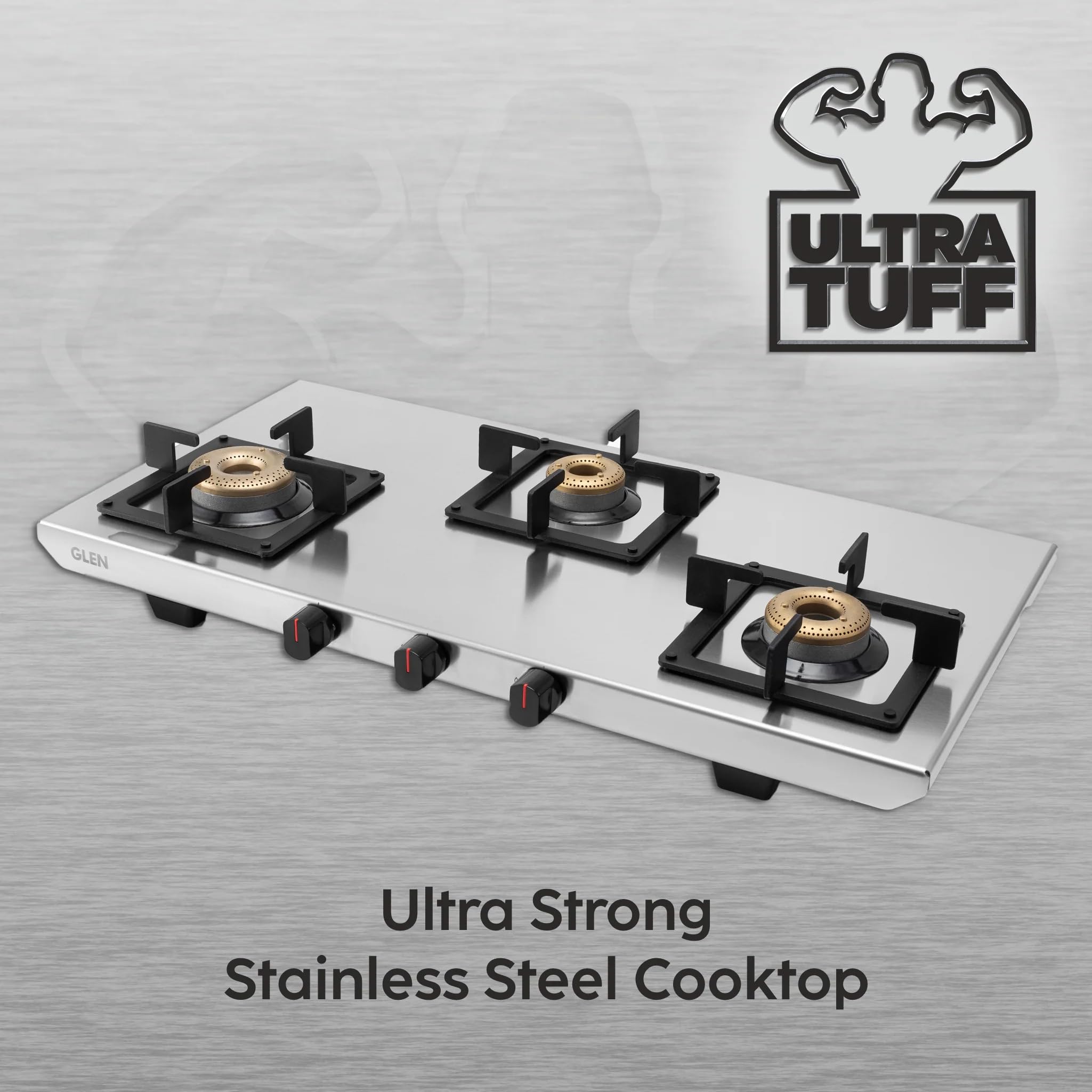 Glen 3 Burner Ultra Tuff Stainless Steel Gas Stove | Silver | Forged Brass Burner With 5 Year Warranty | ISI Certified | Revolving Inlet Nozzle | 2 Year Warranty On Product | 1053 UT SS (3 Bu