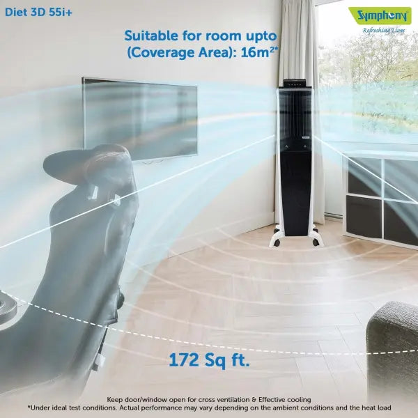 Symphony Diet 3D 55i+ Air Cooler For Home with 3-Side Honeycomb Pads, Magnetic Remote