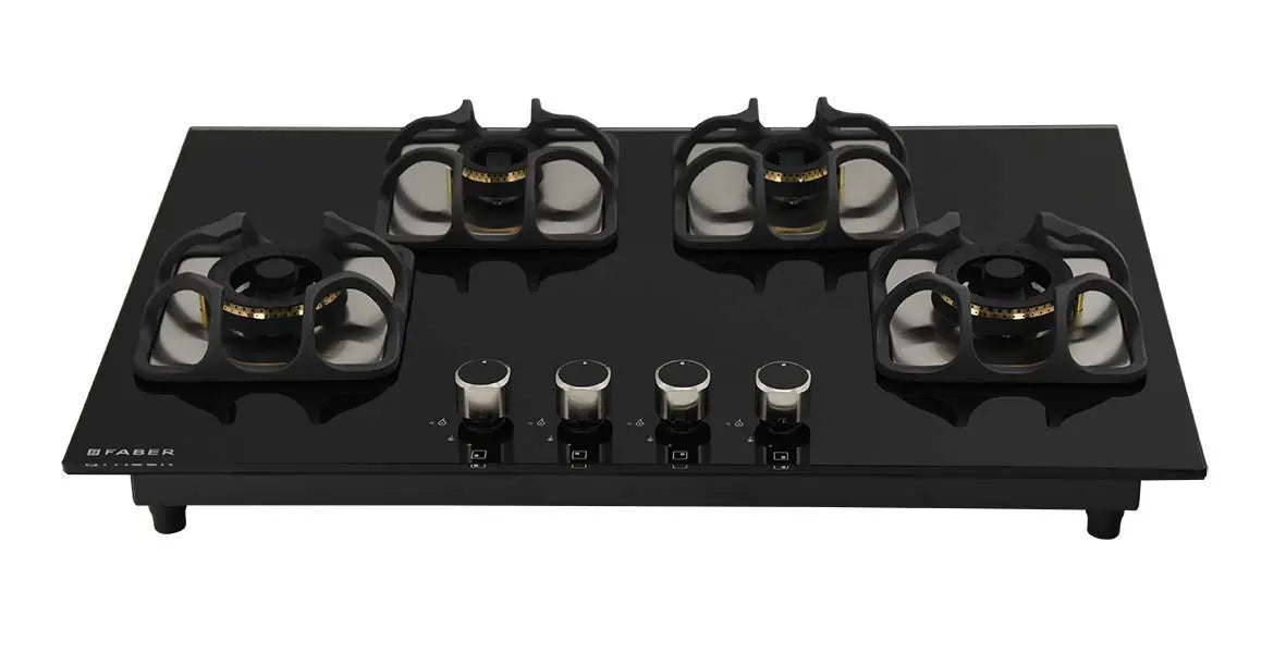 Faber Hobtop Imperia Plus 784 BRB CI BK 4 Brass Burner Auto Electric Ignition Glass Top, Black