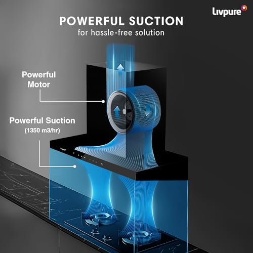Livpure Ether 60 1350 m3/hr T Shape | Filterless Autoclean Kitchen Chimney |10 Yr Warranty On Motor, 2 Yr Comprehensive |Touch & Gesture Control, Black