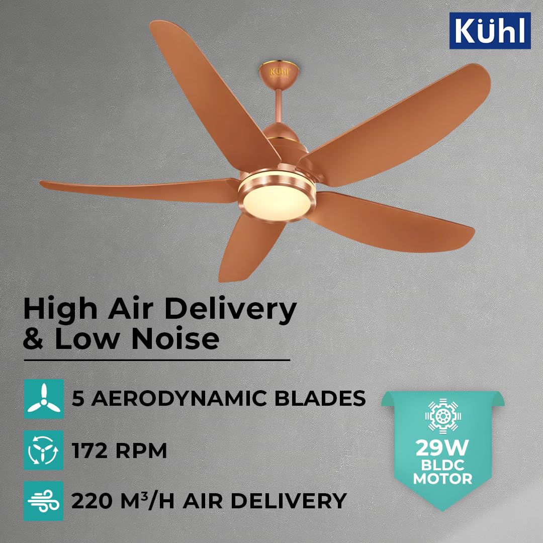 KUHL Luxus C5 1200mm Stylish Power Saving BLDC Ceiling Fan with Remote | Night & Down Light | 29W | 5 Star | IoT – Operate via Mobile & Alexa | Reverse Mode | Free Installation | Copper
