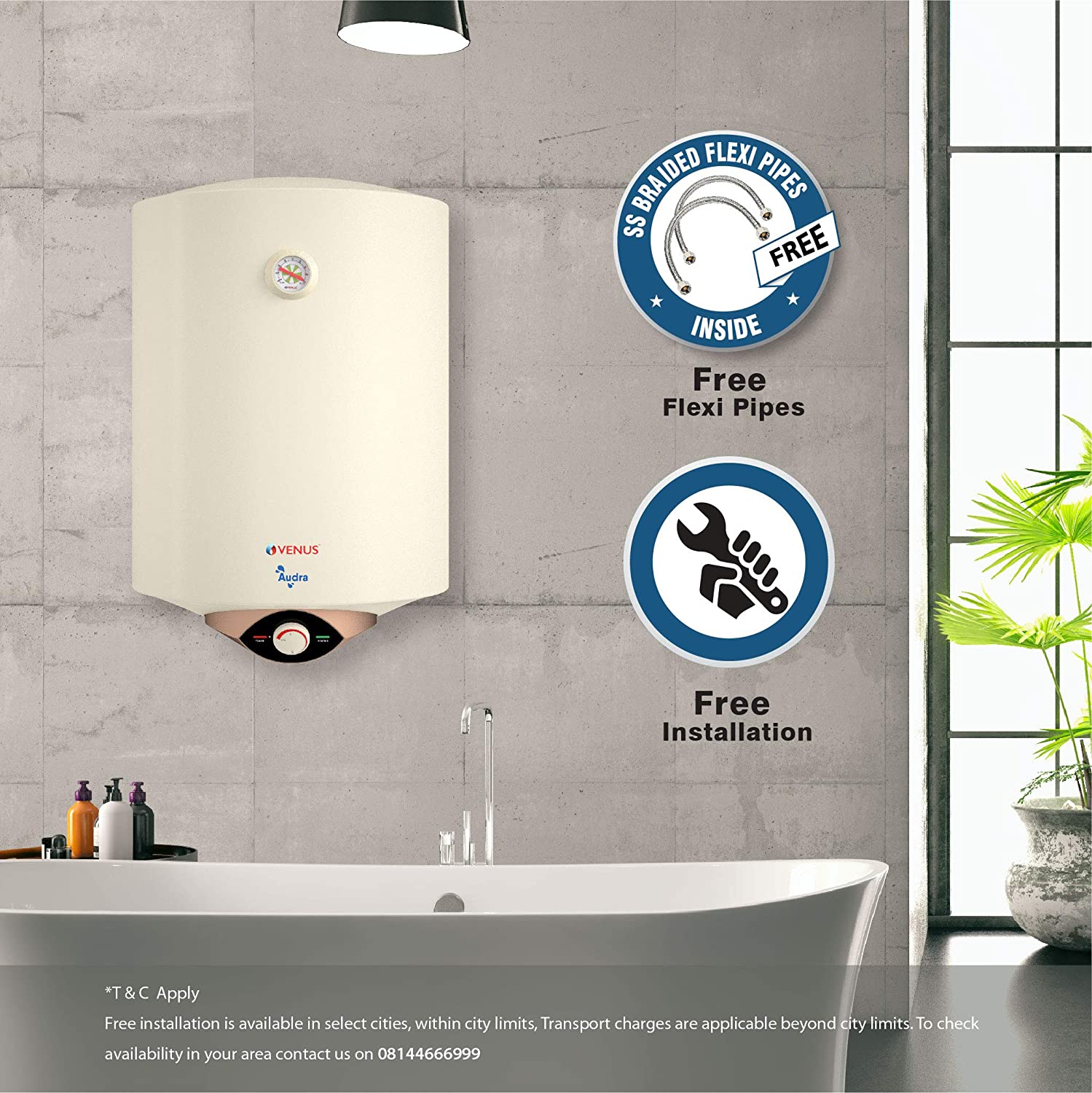 VENUS Audra 10AV 10-Litre (Ivory) Water Heater, Porcelain Enamelled Glass Lined Tank, BEE Star Rating - 5 Stars:ISI ;Free Flexible Hose