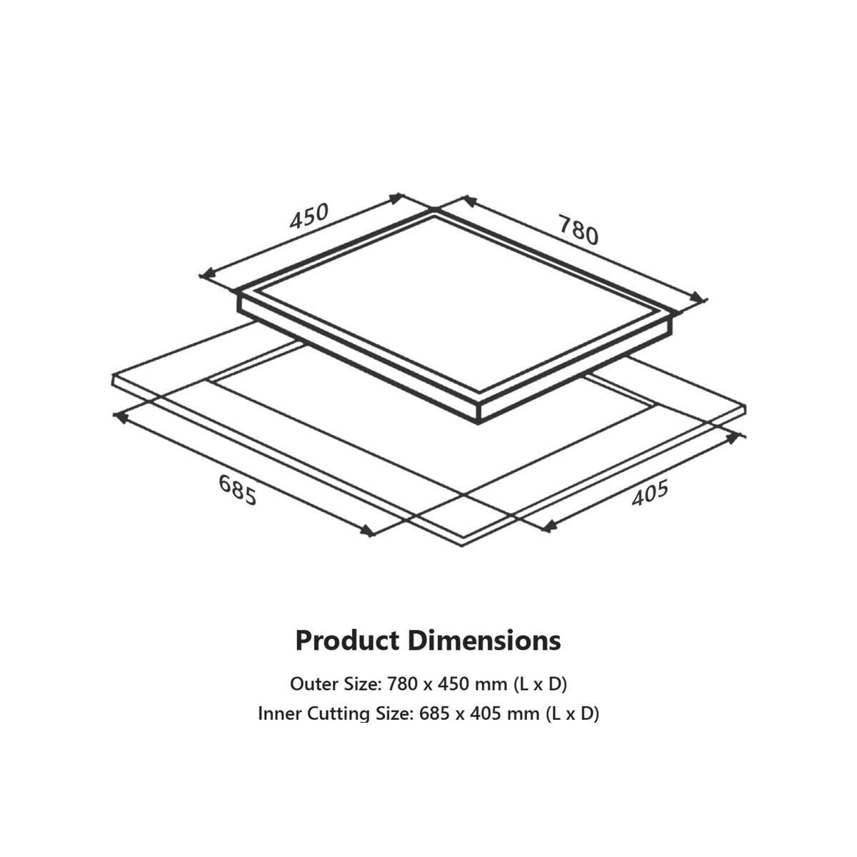 Dimension diagram of Kaff Ashford ASF 783 hob: outer 780 x 450 mm, cut-out 685 x 405 mm