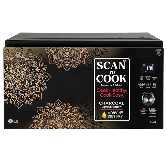 LG 32L Wi-Fi Charcoal Convection Microwave (MJEN326UIW) with Scan to Cook, Heart-Friendly Recipes & 360° Rotisserie - Black Regal Pattern