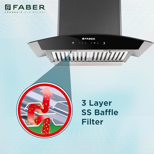 Faber 60 cm 1320 m³/hr Curved Glass Kitchen Chimney | 3 Layer Baffle Filter | Gravity Suction| Touch&Gesture Control | Oil Collector | 12 years warranty on Motor| Hood Feel Pro TC SC BF BK 60