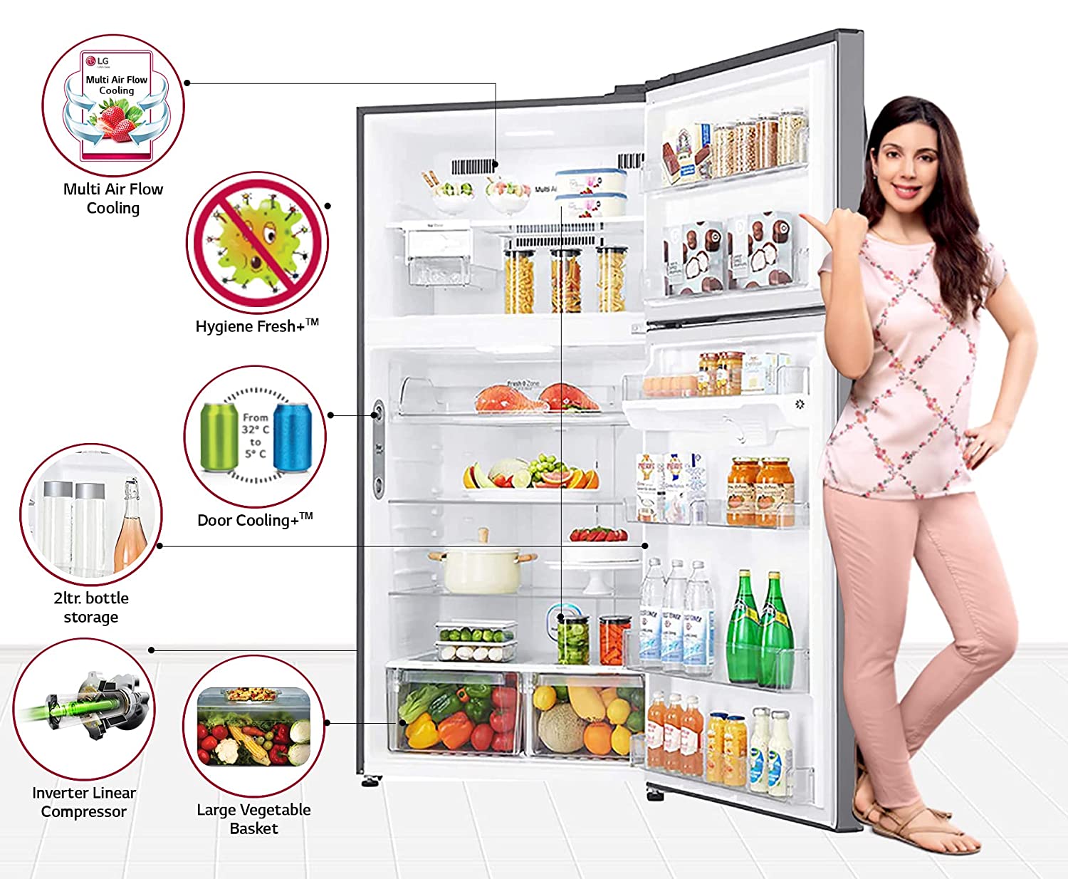 LG 630 L 3 ஸ்டார் ஃப்ரோஸ்ட் இல்லாத இன்வெர்ட்டர் ஹைஜீன் ஃப்ரெஷ்+ டபுள் டோர் ரெஃப்ரிஜிரேட்டர் (GR-H812HLHQ)