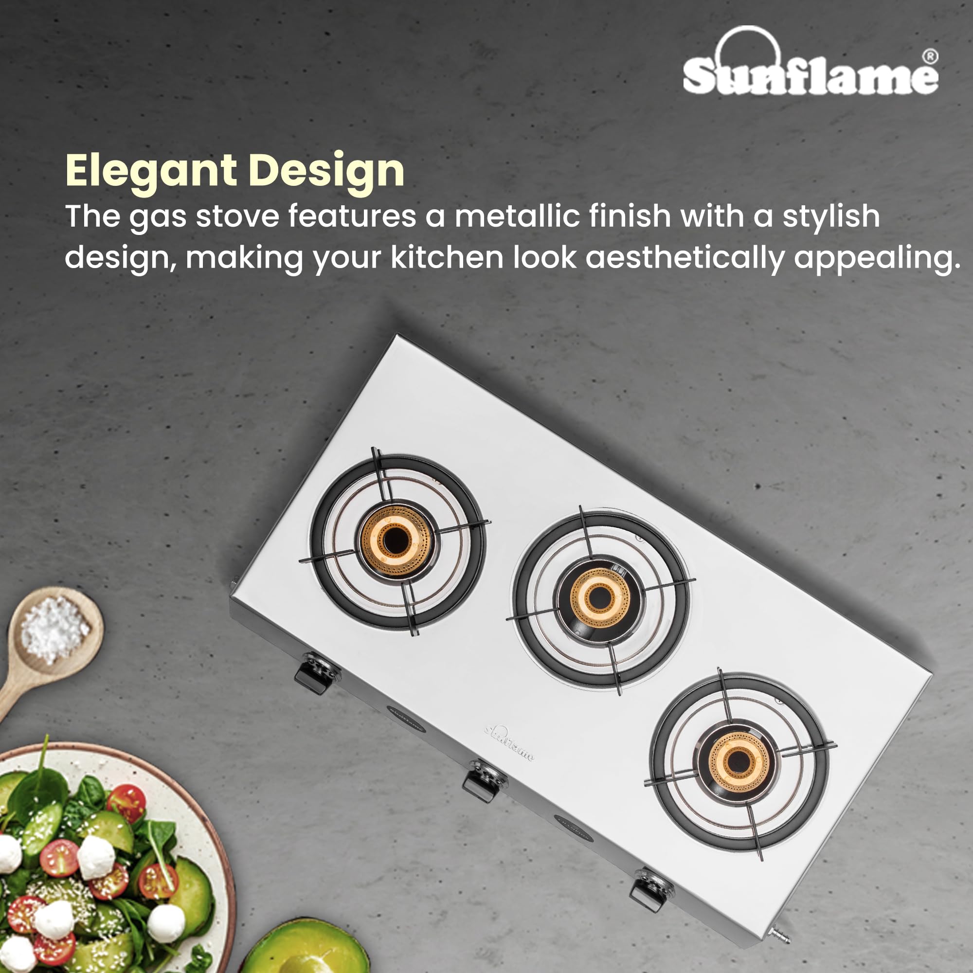 Sunflame Champion 3-Burner Gas Stove | Stainless Steel Body | 2-Years Product Coverage | 1 Medium and 2 Small Brass Burners| Euro-Coated Pan Supports | Manual Ignition | Silver