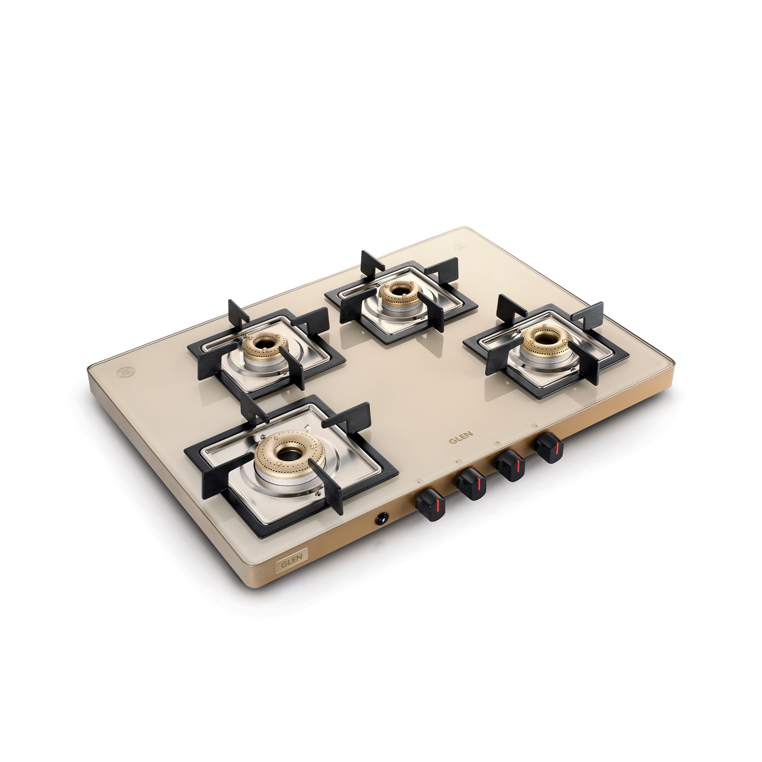 Glen 4 Burner Ultra Slim Glass Gas Stove 1 High flame Forged Brass Burner With 5-Year Warranty | Revolving Inlet Nozzle | 2-Year Warranty On Product By Brand (Apricot-Auto Ignition)