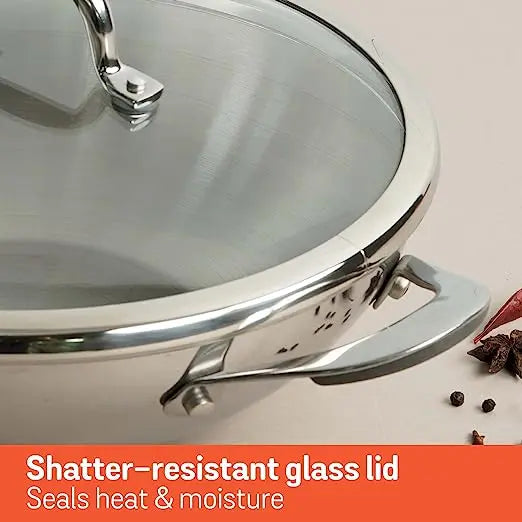 Meyer Select Stainless Steel Kadhai with Glass Lid Gas and Induction Compatible 70651 24cm Silver
