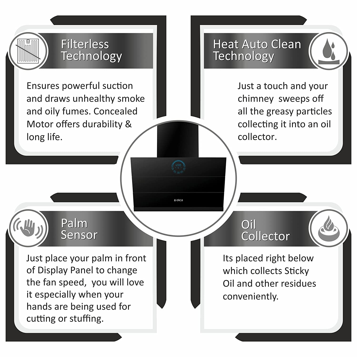 Elica 60 cm 1350 m3/hr Filterless Auto Clean Angular Chimney with 15 Years Warranty (EFL 108 HAC LTW VMS 60, Touch + Palm Sensor Control, Black)