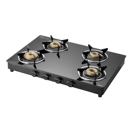 KAFF CTC 69 4B Gas Stove/Cooktop 4 Burners with Manual Ignition 69 CM, High Efficiency Brass Burners, Black Tempered Glass, Enamelled Pan Support (Black)